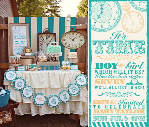Clock Themed Gender Reveal Party. This unique clock themed party has a cuckoo clock to chime and your kids can rush to see the cuckoo bird’s message from the slip of paper it delivers to tell you if it is a boy or a girl.