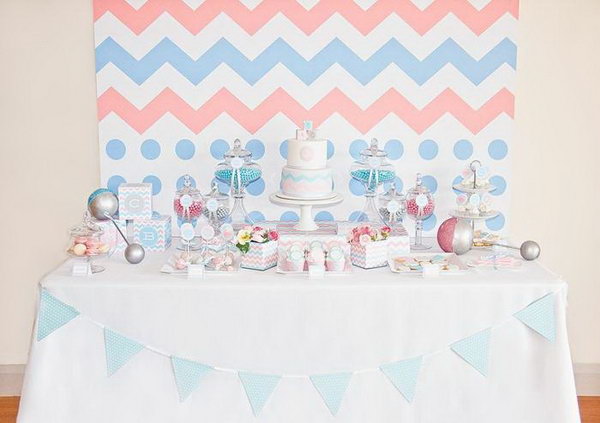 Sweet Gender Reveal Party. I really adore this sweet gender reveal party for its sweet design and tender flavor from the baby rattle cake pops, fondant cupcake toppers, mini cheese cakes, vanilla bean footprint, bottle and onesie cookies.