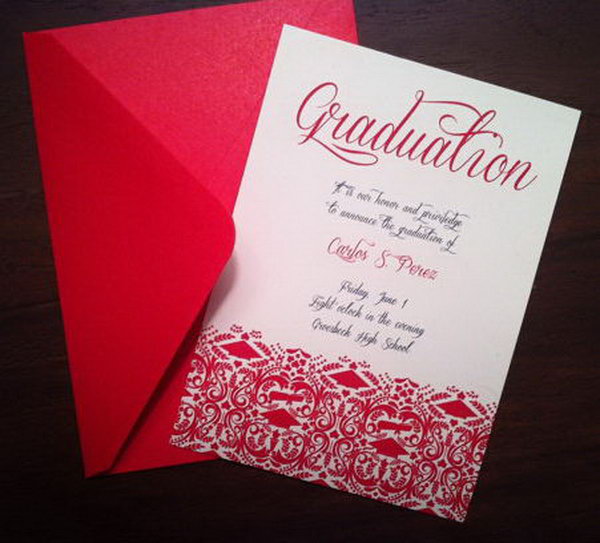 Red Envelope Graduation Announcement. This fancy graduation announcement features a red envelope style. Surprise your friends and relatives with this characterized graduation announcement in your school color.