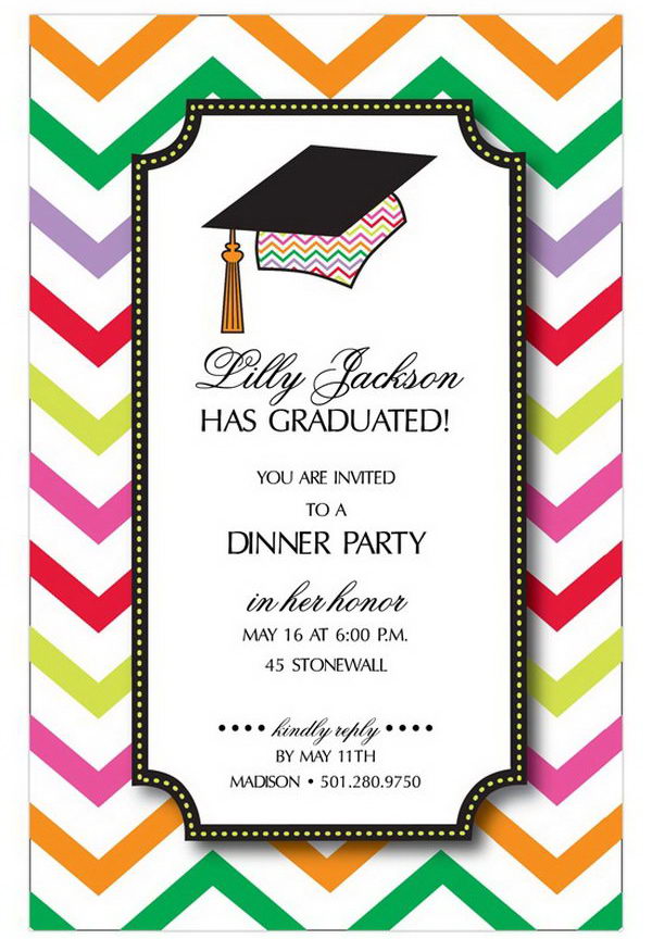 Chevron Graduation Cap Announcement. This graduation announcement features a graduation cap as well as the chevron pattern in bright colors. It's perfect to mark the graduation status for young graduates. The bright colors reflect the bright future of the graduate too.