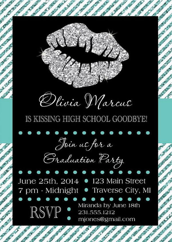 Kissing Goodbye Graduation Announcement. This stunning graduation announcement features a sparkling lip at the top to create a stunning visual effect for the invitation of your friends and relatives to celebrate your great event.