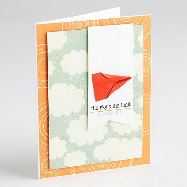 Paper Plane Graduation Announcement. This graduation announcement features a miniature paper airplane on a multi-layer cardboard will definitely refresh the eyes of all your guests and leave a deep impression on your graduation celebration.