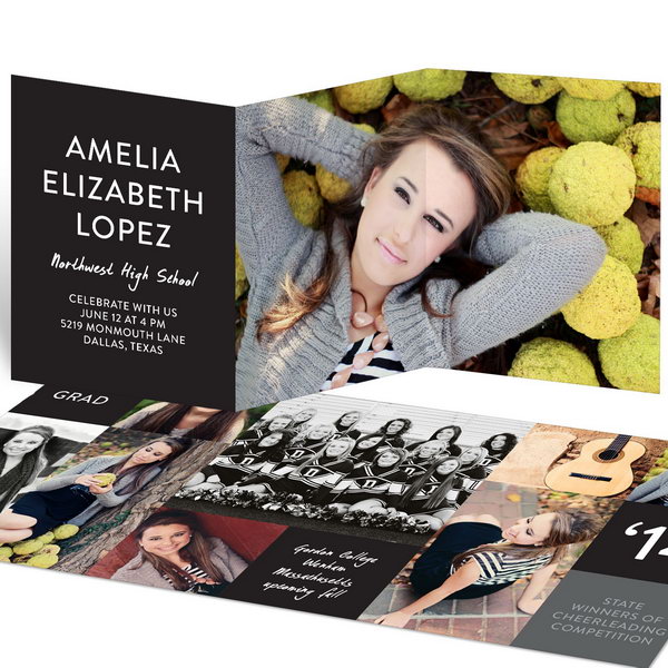 Color Block Tri Fold Graduation Announcement. Announce your unique graduation with this graduation announcement. It features a solid background at the front and blocks of color at the back. Every detail will make it a keepsake with its memorable look.