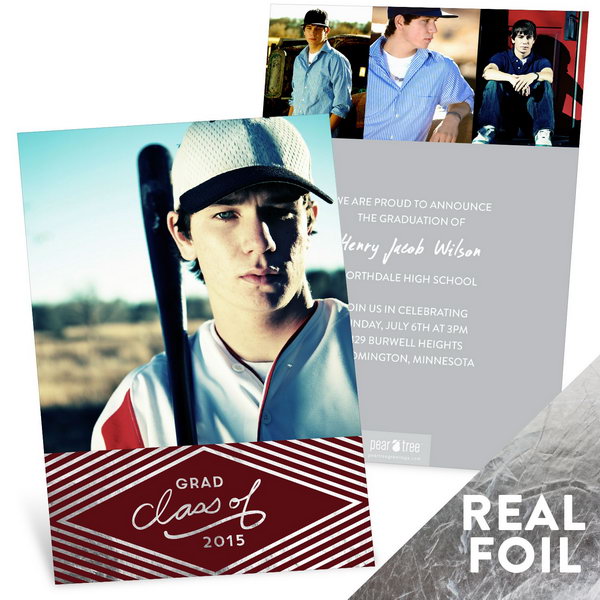 Silver Foil Diamond Graduation Announcement. Add up a dramatic look befitting your big news with this silver foil-stamped diamond graduation announcement. Shape your personality with one large photo on the front and other three on the back.