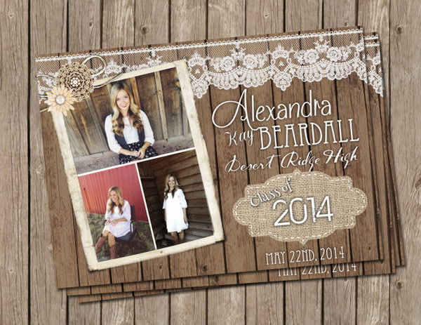 Vintage Graduation Announcement. Surprise your friends and relatives with this vintage gradation announcement. It features lace pattern at the top to add up an elegant outlook. The burlap pattern with the graduation year finishes off its vintage style.