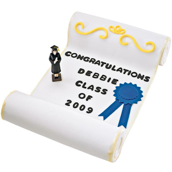Senior Scroll Cake. Hats off to your graduate's success with this personalized three-tiered cake! Decorate with black-tinted fondant to create the message for alphabet and numbers.
