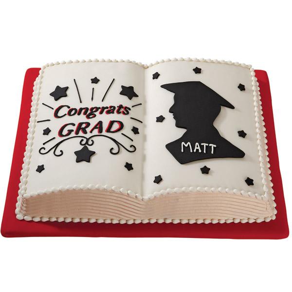 A Study in Success Cake. This stunning graduation cake features a cool reading book design. Personalize your own with the graduate's names on it. You can add the graduate's portrait as well as some stars for decoration.