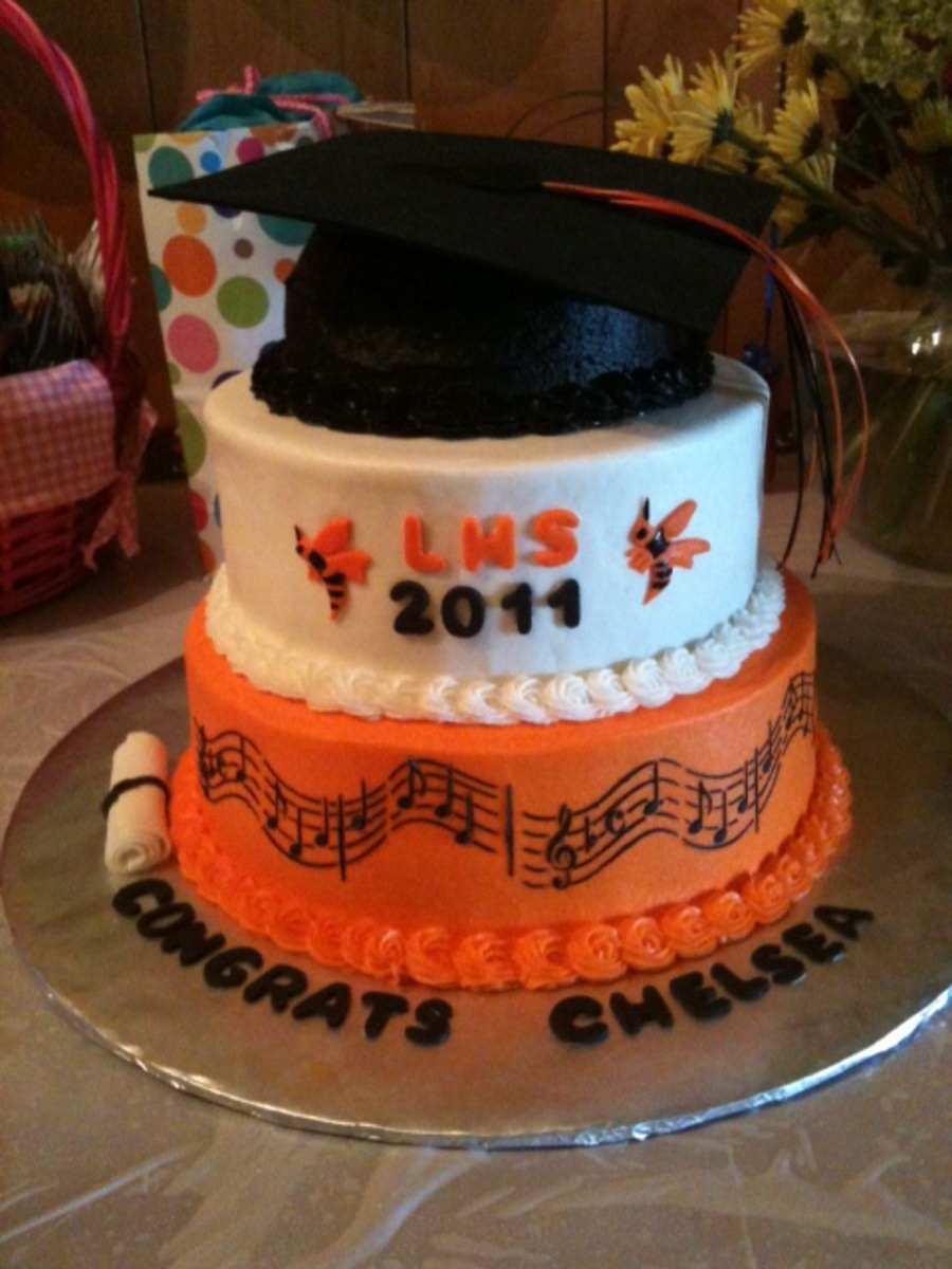 High School Graduation Cake. Celebrate the great accomplishment for the graduate with this music themed graduation cake. Use foam and ribbon to create the topper cap and add some flowers and musical notes for beautiful garnishment.
