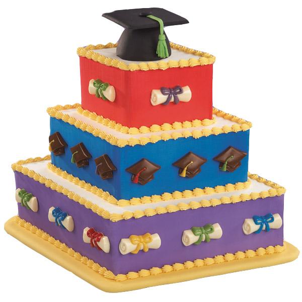 The Best and Brightest Cake. This gorgeous diamond-shaped 4-tiered cake is really stunning with a mortarboard cake. The colorful cake side candy accents molded in the graduation lollipop adds more charm to this graduation cake.