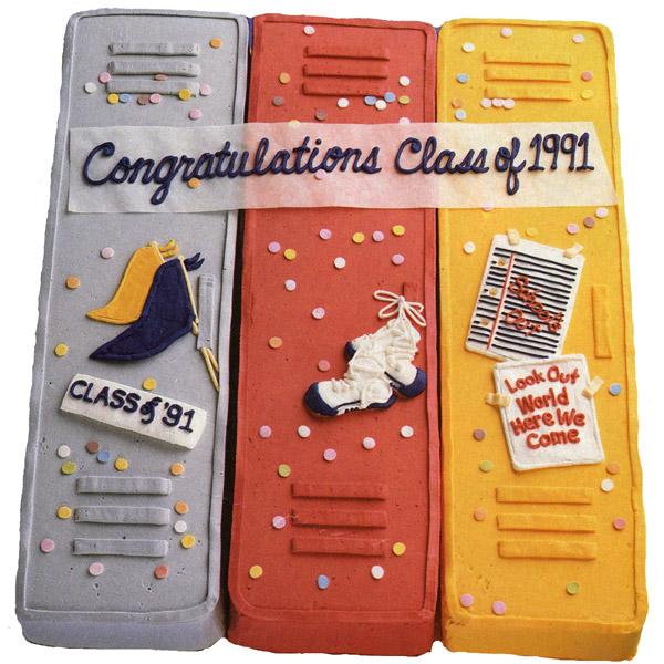 Lock-up Graduation Cake. This stunning locker-shaped graduation cake creates a unique way to say congratulations with its unique outlook. Position cakes together on serving board, outline each pendants, shoe and note paper. Add confetti to finish off this awesome graduation cake.