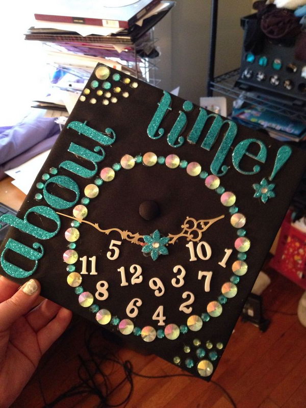 Clock Themed Graduation Cap. Design your graduation cap in this stunning clock style with a circle of beadings and sequins. Add foam board characters and numbers for garnishment.