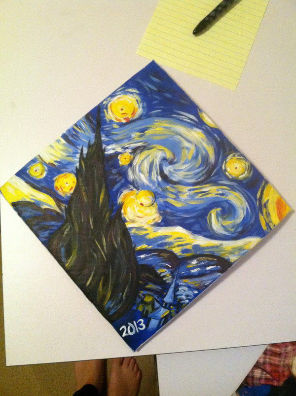 Painting Style Graduation Cap. Style your graduation cap in an artful design by covering a picture of the famous painting. This will definitely add up the artistic flavor for aesthetic eyes.