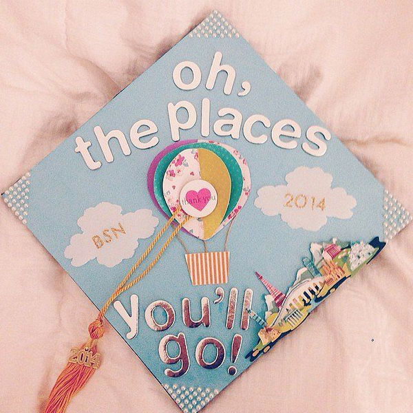 Hot Air Balloon Graduation Cap. Glue layers of colorful patterned heart-shaped cardstocks to create the sweet hot air balloon image. Add up some shining characters and beadings to finish off its beauty in a travelling style.