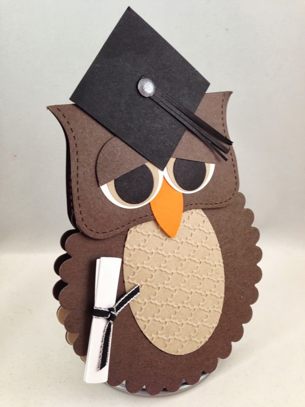 Wise Owl Graduation Card. Use die cut and punch to create this awesome wise owl graduation card. Apart from its cool outlook design, it has a pocket inside for a gift card or cash. The graduate must adore this special card.