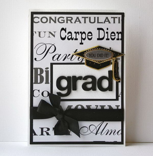 Graduation Handmade Card. Express your congratulations to the graduate with this card made of paper, cardstock, foam letters, chipboard. It bears a black ribbon bow in the front side. The graduation cap is the best way to reflect the theme clearly.