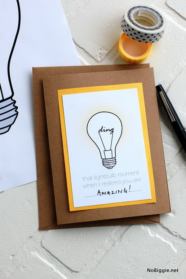 Lightbulb Graduation Card. Bring out the funny  lightbulb print on simple bright yellow cardstocks. You can also add a bit of dimensional glitter glue to the edge of the light  bulb to create the illumination effect. The graduate must indulge in such a fantastic card.