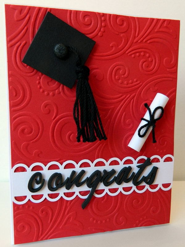 Make this well-refined graduation card from embossing folder with intricate swirl. Use  black square cardstock and add a brad for the hat. Roll up paper for the diploma to finish off its stunning design for the graduate.