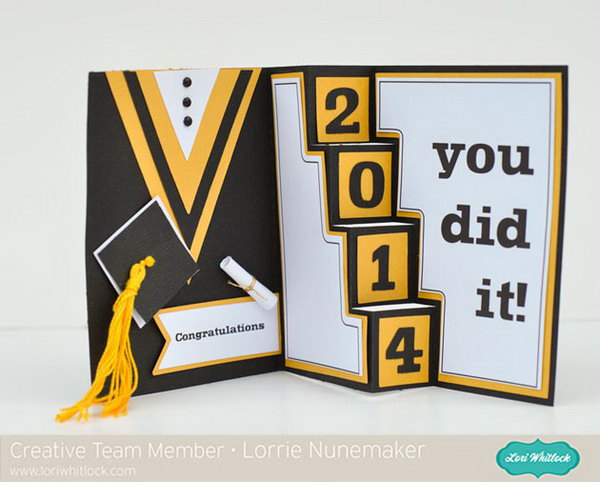  Creative  Stairs Graduation Card. The left part features a cap and gown like ordinary cards. As its name suggests, the right parts features 3D uplifted stairs to make the statement for its uniqueness.