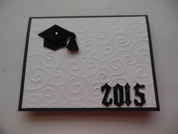 Swirl Pattern Graduation Card. Create this funny graduation card from heavy black cardstock to congratulate the graduate's achievement. The numbers have been die cut from glittery foam cardstock. The basic part is in embossing folder with swirl pattern.