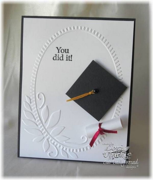 Embossing Folder Graduation Card. Personalize an elegant graduation card for the graduate with embossing folder cardstock with elegant wreath and embroidery floss. Add the rolled paper diploma for more decorations to add up its charm.