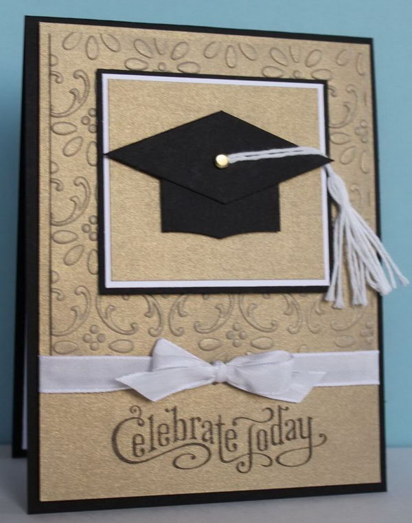 Graduation Cap Card. This classy graduation card features a graduation cap created from scraps. Tie the white ribbon bow for its beautiful décor. You can turn the easy and simple layout into a well-refined graduation card easily.