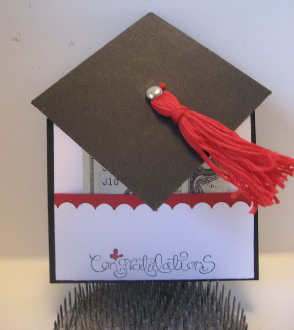 Crafty Graduation Cap Card. Any graduates must appreciate the creative design in this card with its awesome layout for a gift. What makes it unique is its pocket for the cash at the bottom using scallop punch. The graduation cap matches the theme of the card perfectly.