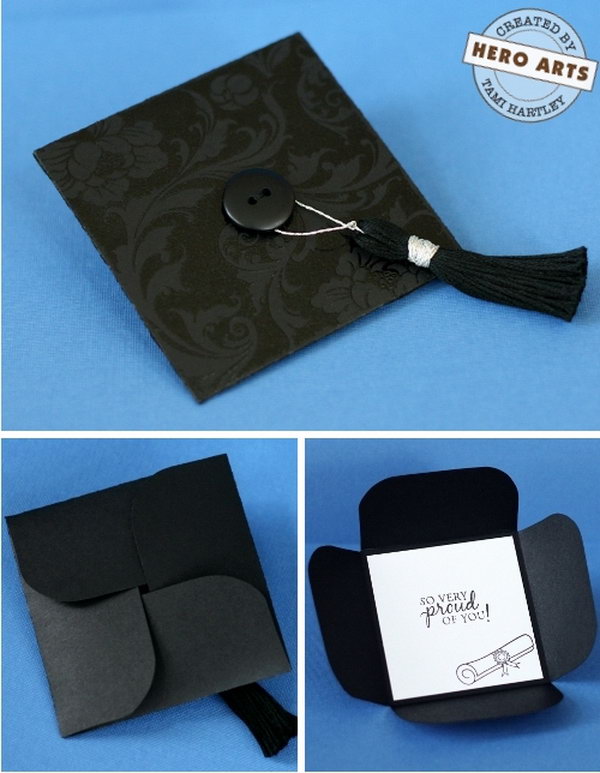 Folded Graduation Cap Card. This graduation cap card is so funny and perfect for its folding design to hold a gift card inside. Fold and flip cardstock, stamp messages on the gift card, tuck flaps, create a tassel and add button to the center to finish off its gorgeous design.