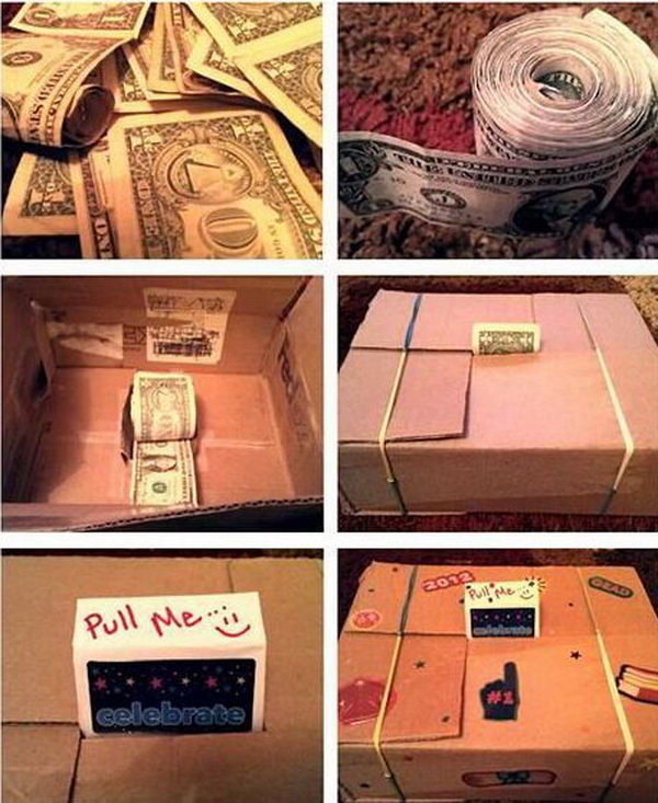 Rolled Bill Graduation Gift. Tape and roll a stack of bills as you like. The more , the better. Put it them together in a cardboard box cash dispenser. Wrap up the box in a beautiful decor style. The graduate must be exciting to receive such a gift.