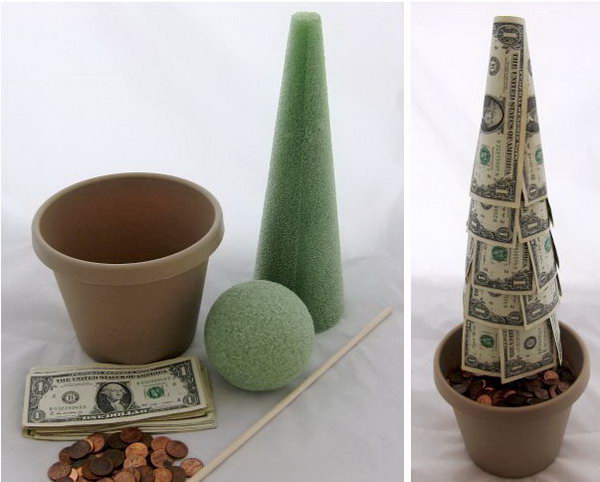 Topiary Greenery. Make your money grow on trees with bills and pennies. Tape the bills to the cone, pour pennies into the pot to cover and steady the ball. The graduate must be impressed by this stunning topiary greenery graduation gift.