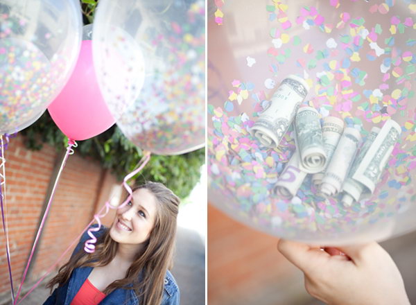 Confetti and Cash Balloon. Balloons are welcomed at every great event for celebration. Surprise the graduate with confetti cash balloons for wealth and festive celebration by filling a clear balloon with colorful confetti and cash rolls.