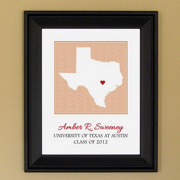 Personalized State Frame. This gadget serves as a reminder for graduate to remember his or her roots with a unique and customized frame wherever he or she is.