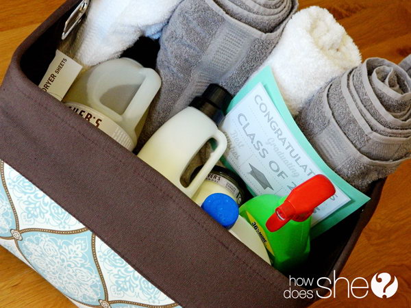 Laundry Gift Basket. Load the basket with every laundry supply you could imagine, towels, detergent, fabric softener, dryer sheets, bleach, stain removal and rolls of quarters for those first for daily use. It is not only very funny but also very helpful to send such a graduation gift.