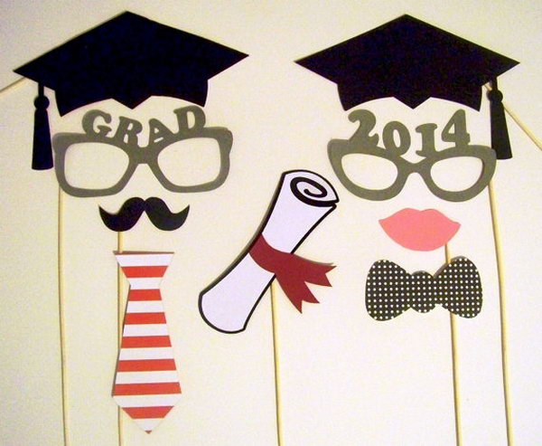 Graduation Photo Booth Prop. This graduation photo booth prop set include graduation caps, glasses and masks, ties as well as diploma matted as shown with ribbon to create your graduation party a funny decor and set up the tone for your celebration.