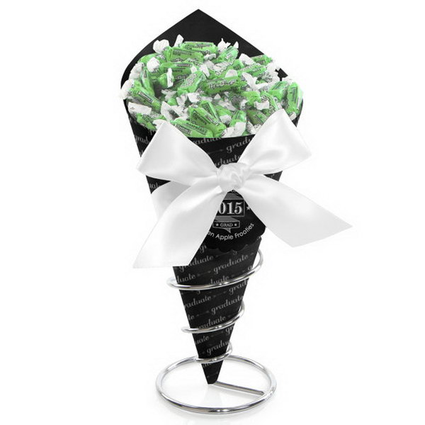 Chalkboard Cheers Candy Bouquet Graduation Decor. Personalize the graduate's large photo as the centerpiece, the sturdy metal stand and cone-shaped container will add height and interest to your graduation party display.
