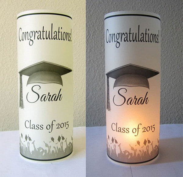 Graduation Party Decoration Luminary. It must be a stunning hit to display these Personalized Graduation Party Centerpiece luminaries at the party. All the guests will enjoy the beautiful glow and ambiance when placed over a battery to operate the tea light.