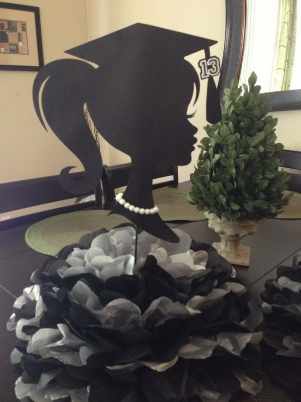 Graduation Decoration Centerpiece. This stunning centerpiece decor features a graduate girl silhouette and huge pom poms down below in single or double color combo as you like. It will catch everyone's attention with no doubt.