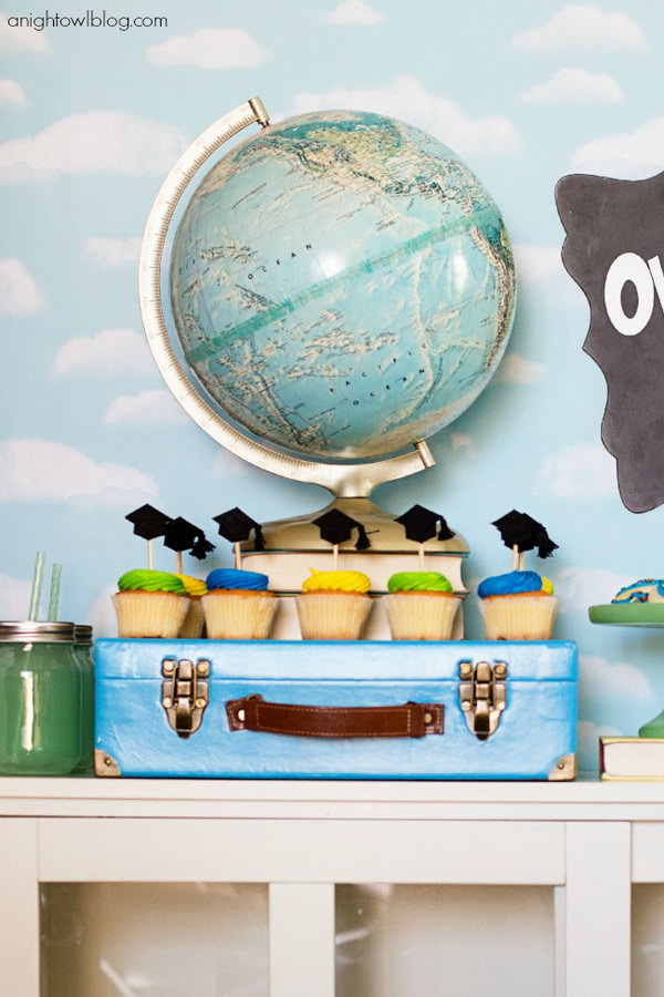 Suitcase and Globe Graduation Decoration. Anchor your party set up with this interesting small suitcase and globe. This decoration style matches perfectly with the theme. It bears a good meaning too, you're off to good places! Get on your way!