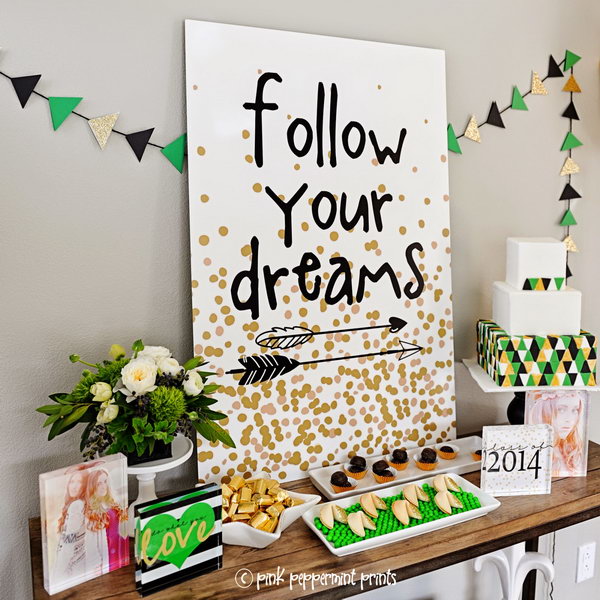 Block Garland Graduation Decor. It's super chic to decorate your graduation party with this gorgeous acrylic block garland for perfect garnishment. The 'Follow Your Dream' picture board coordinate with this graduation party theme perfectly. 