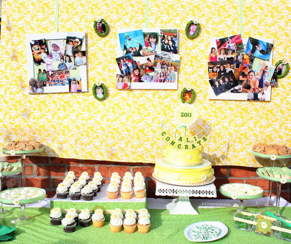 Daisy Graduation Party. Personalize your backdrop for the graduation party with a collage of photos from different stages of your school life. Attach with green gingham ribbon and frames for beautiful decor.
