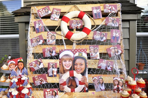 Sail Away Graduation Party. Use wooden shipping palette for the backdrop for the pictures. Cover the tables with an assortment of red, white and blue tablecloths. Add the fabric pennant banners to make the fence.