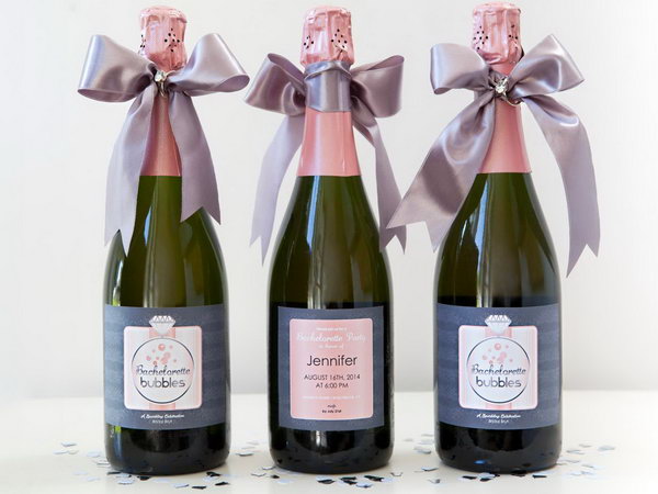 Bachelorette Bubbles Party Idea. Give them a personalized bottle of wine or champagne as a givt or invitation. You can customize the printing labels with each guest’s names written on.