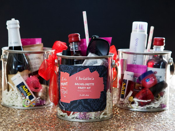 Graduation Favor Bucket. This bachelorette party kits are perfect to make your graduation party super special with a paint bucket gift container. It has your daily items from hair spray, lipstick and nail polish. It makes your arty a bit on the wild side.