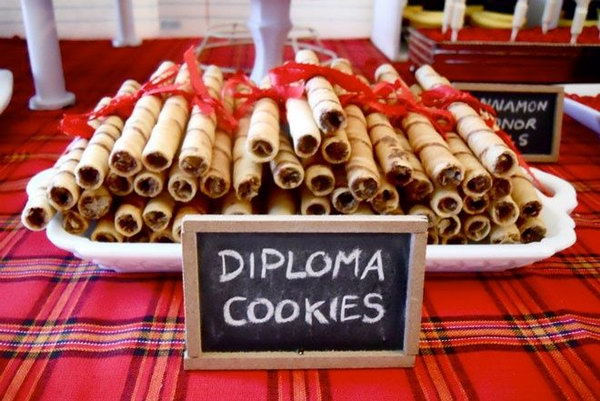 Diploma Cookies. Where you intend to plan a giant blow or small gathering with your intimate friends, this diploma graduation-themed finger food will definitely get your party dolled up with sweet desserts in fantastic shapes.