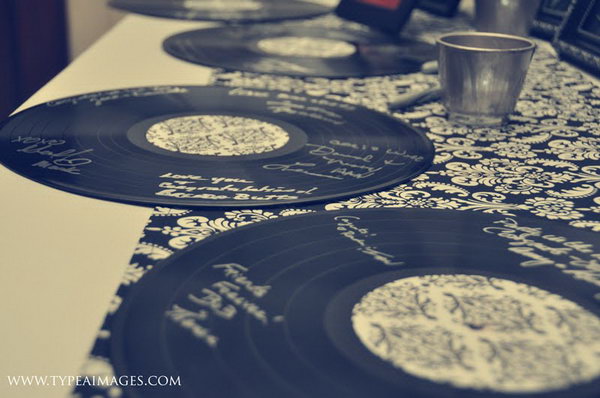 Vinyl Record Guest Book Idea. Many of your guests must be crazy music fans. Why not use the vinyl record for them to leave their autographs with silver or gold marker pens?