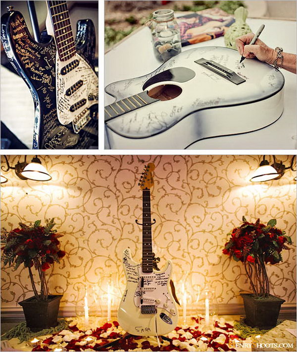 Guitar Guestbook. If you are crazy about music, you can repurpose your guitar to serve as a guestbook. It will generate an awesome conversation when hang and display on the wall. All you need to do is to cover it with a protective coat.