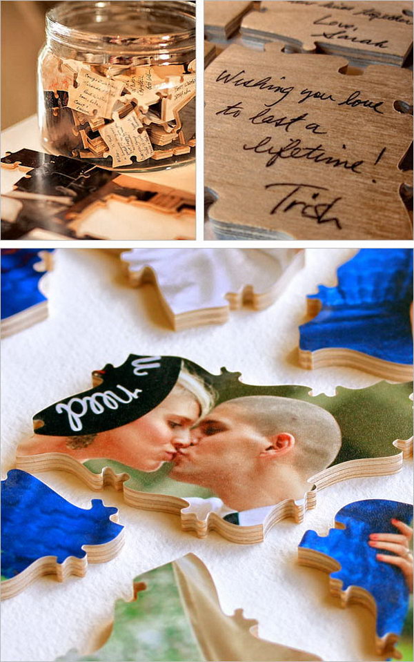 Guestbook Puzzle. Select the favorite portraits by the bride and groom for the front side of the puzzle. Leave guests’ personal comments on the back side. It’s super funny and exciting if you ask guests to put them together by following your clues.