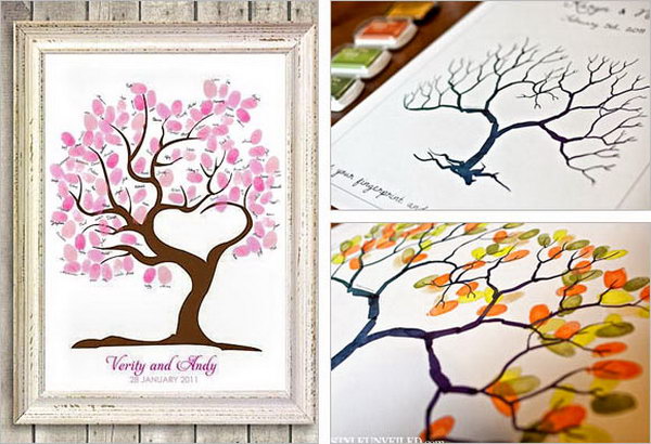 Fingerprint Guestbook Idea. How to create an art-piece for your guest book? Invite your guest to add their thumb prints to create leaves instead of placing signatures or messages to break out from the ordinary way.