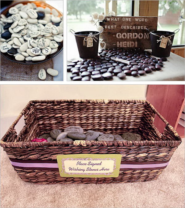 Wishing Stone Guestbook. It dates back to an Irish Tradition for guests to write their best wishes on smooth stones. You can either display the pebbles on a guest book table or put them into glass vase filled with water.