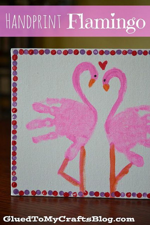 Handprint flamingo. This kid canvas craft is easy to make, but it's meaningful for parents as a Valentine's Day gift. It's a great keepsake for years to come.