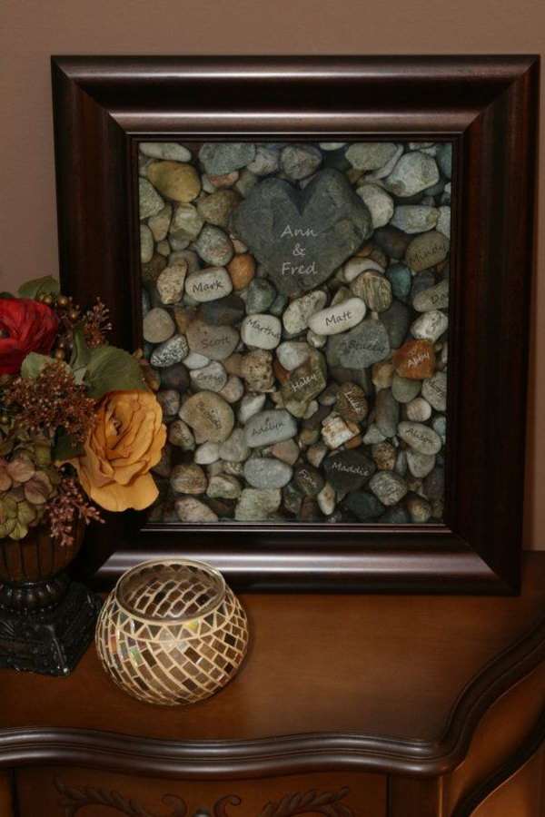 Family tree. It's an twist on a traditional family tree and makes a great Thanksgiving gift. After you have writed your parents'name on the heart-shaped rock, write your siblings' and your own name on small rocks.